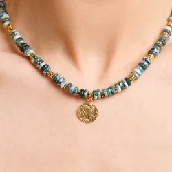 Kyanit, Sodalit, Chalcedon - srebrny pozłacany naszyjnik na zdrowie, duchowość, uzdrowienie - Oaza Szczęścia